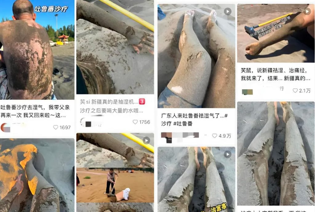 One viral wellness influencer shared clips using sand therapy, burying her body in hot sand to draw out internal moisture. Photo: QQ.com